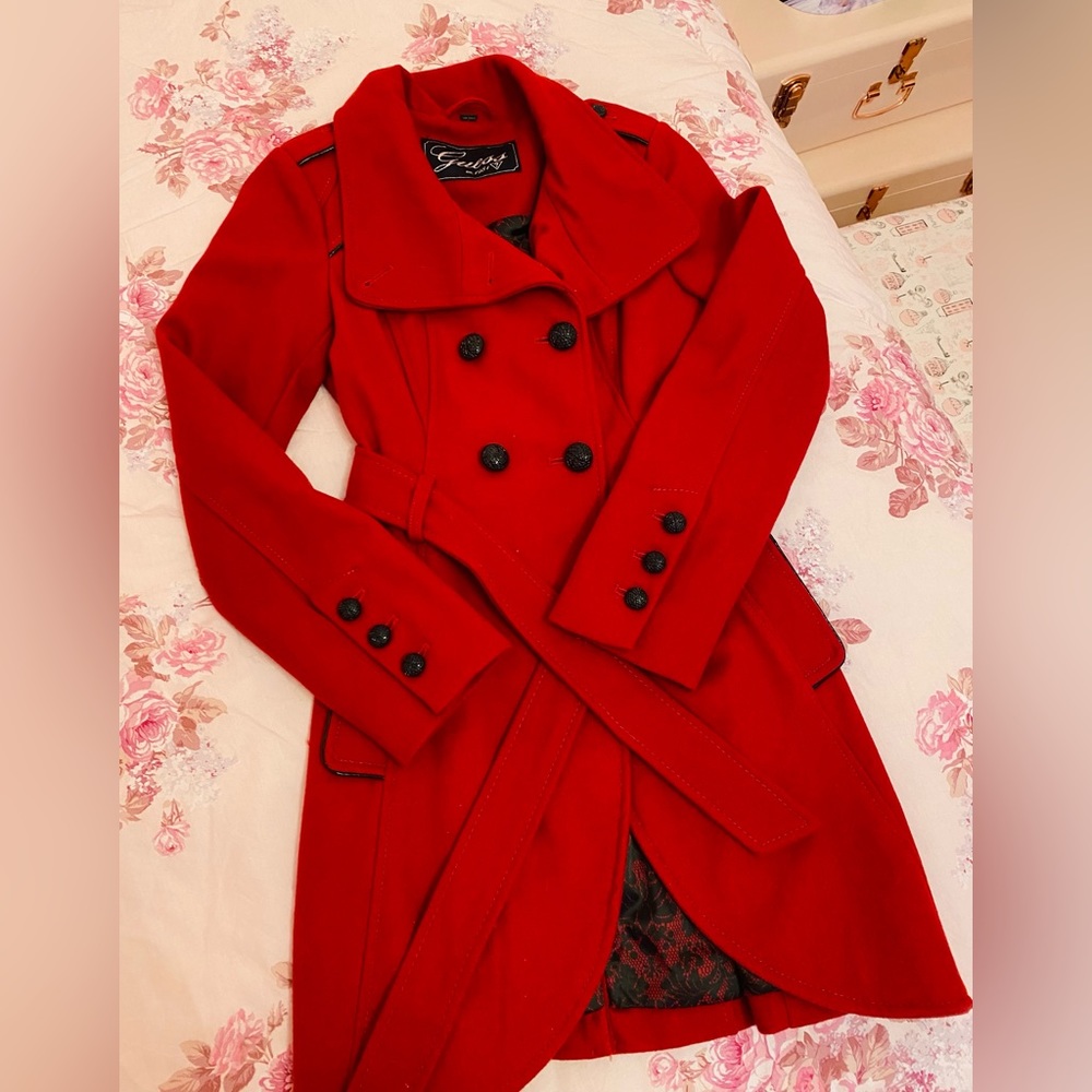 Nwt NEW Guess Red Wool Coat XS Button up winter pea tie belted peacoat jacket